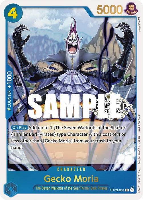 A "Gecko Moria (Store Championship Participation Pack) [One Piece Promotion Cards]" Promo Character Card by Bandai, with the label "SAMPLE" across it. The card has 5000 power and requires 4 cost to play. It belongs to The Seven Warlords of the Sea and Thriller Bark Pirates archetypes. The card number is ST03-004, and it includes an illustration of the character.