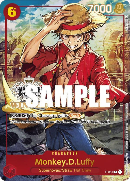 A trading card featuring an animated character named Monkey D. Luffy from the Supernovas/Straw Hat Crew. Wearing a straw hat, red vest, and blue shorts, he has a determined expression. The card is part of the One Piece Promotion Cards series by Bandai, labeled "Character" with stats: 6 cost, 7000 attack and mentions a special ability called Monkey.D.Luffy (Store Championship Trophy Card) [One Piece Promotion Cards].