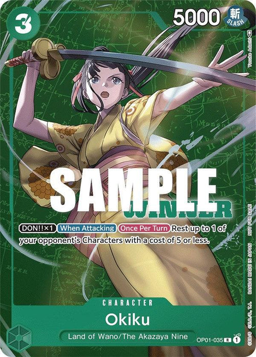 A Rare Character Card featuring Okiku from the Land of Wano, part of the Akazaya Nine. She strikes a dynamic pose in green and yellow kimono, katana at the ready. With a power level of 5000, her special abilities are detailed in the text. The background is green with various graphics, marked "SAMPLE." — Okiku (Tournament Pack Vol. 4) [Winner] [One Piece Promotion Cards], by Bandai