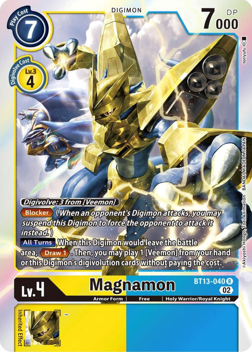 A rare Digimon card featuring Magnamon [BT13-040] [Versus Royal Knights Booster], a golden, armored dragon knight with blue accents and wings. The card shows stats like play cost 7, level 4, 7000 DP, and digivolves from Veemon for a cost of 4. Its special abilities are detailed in yellow and white text from the Versus Royal Knight Booster set.