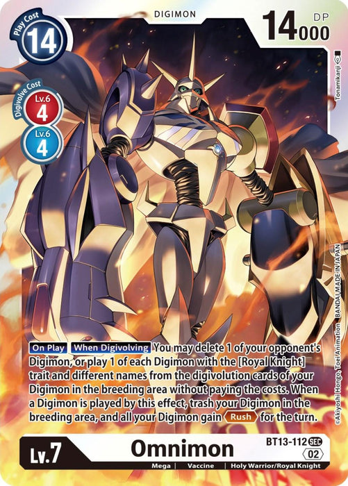 A Digimon trading card featuring Omnimon, a Royal Knight with white and blue armor, holding a large sword and shield. This Secret Rare card details a play cost of 14, with 14,000 DP. It describes Omnimon's abilities when played and when digivolving, including deleting opponent Digimon and gaining "Rush". The card is labeled as Omnimon [BT13-112] [Versus Royal Knights Booster] by Digimon.