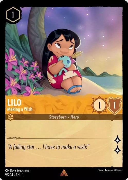 A rare card featuring a dark-haired girl in a red dress sitting beside a palm tree with stars and a beach in the background. She holds a blue plush toy. The card title is "Lilo - Making a Wish (9/204) [The First Chapter]," and it quotes, "A falling star... I have to make a wish!" Part of Disney, released on 2023-08-18. Card stats: