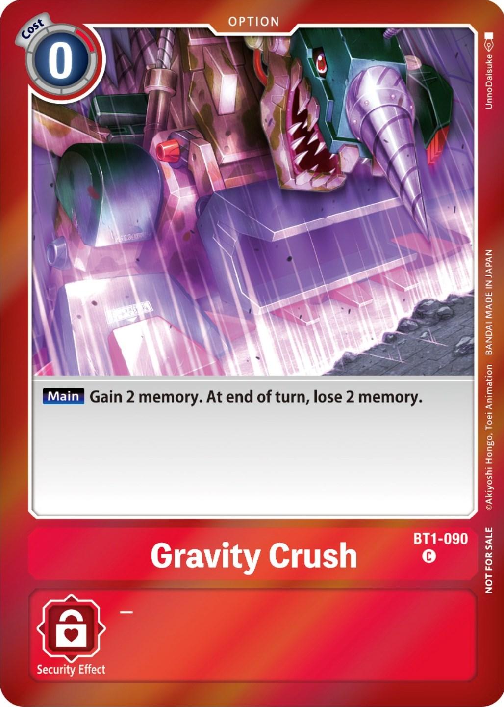 Gravity Crush [BT1-090] from the Event Pack 5 in the Release Special Booster Promos series of Digimon is an Option Card with a red border and a cost of 0. The card features artwork depicting a mechanical creature equipped with a large drill, enveloped in bright energy and surrounded by rocks. Its effect states: 