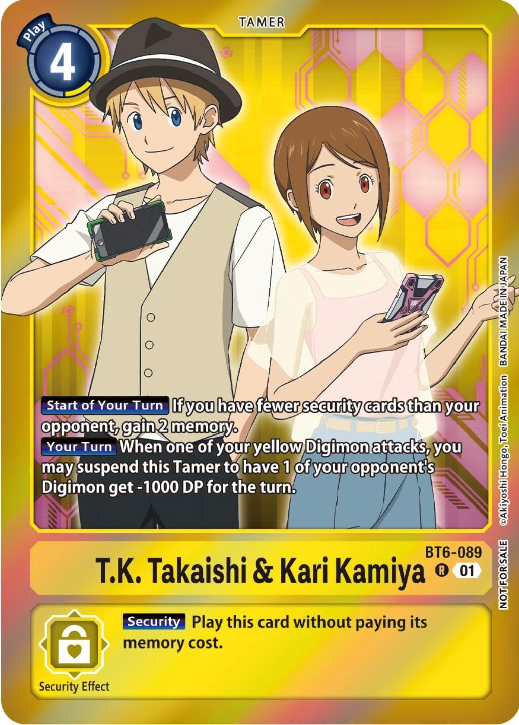 A Digimon trading card from the Double Diamond Promos collection, specifically T.K. Takaishi & Kari Kamiya [BT6-089] (Event Pack 5), features both characters smiling and waving. The card contains gameplay instructions with distinct sections for 