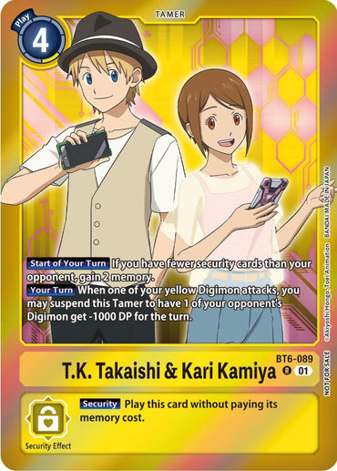 A Digimon trading card from the Double Diamond Promos collection, specifically T.K. Takaishi & Kari Kamiya [BT6-089] (Event Pack 5), features both characters smiling and waving. The card contains gameplay instructions with distinct sections for "Start of Your Turn" and "Your Turn," as well as security effect details at the bottom.