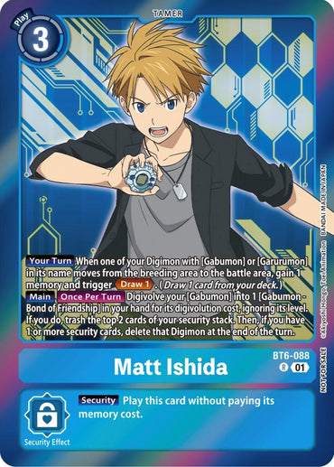 A Digimon card from the Double Diamond Promos series titled "Matt Ishida [BT6-088] (Event Pack 5)" features Tamer Matt Ishida. Matt strikes an intense pose with his hand raised, showcasing his distinctive blonde hair and blue jacket. This blue-bordered Tamer card provides gameplay details, including Matt's abilities to draw cards and progress Gabumon.