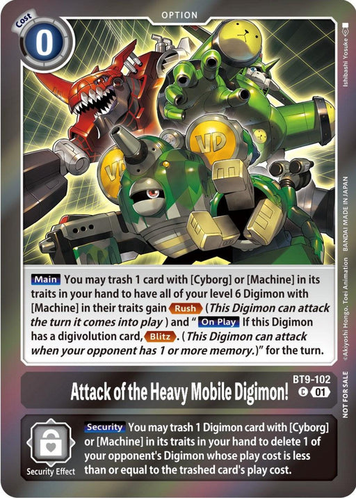 A Digimon card titled "Attack of the Heavy Mobile Digimon! [BT9-102] (Event Pack 5) [X Record Promos]" is shown. It features a green cyborg with a cannon, a yellow tank-like creature, and a red mechanical dinosaur. The card has detailed descriptions of its main, rush, security, and on-play effects, along with a cost of 0 at the top left.