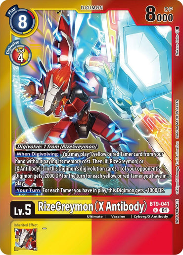 The Digimon RizeGreymon (X Antibody) [BT9-041] card from the Event Pack 5 [X Record Promos] features a yellow background with RizeGreymon prominently displayed in the center. The Digimon is adorned in red and white armor, has wings, and a cannon arm. This Tamer card lists RizeGreymon's level as 5 with an 8000 DP, including various game-related details about evolving from RizeGreymon.