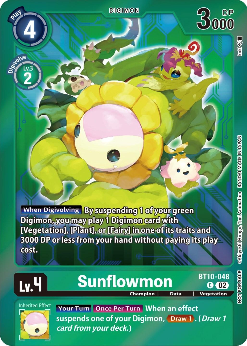 A Digimon trading card from the Xros Encounter Promos collection featuring Sunflowmon [BT10-048] (Event Pack 5), a green and yellow flower-themed Vegetation Digimon with a smiling sunflower face and petals. The text describes its abilities: Level 4, 4000 Digivolve cost, and 3000 DP. The card includes an inherited effect that allows you to draw a card when a Digimon is suspended.