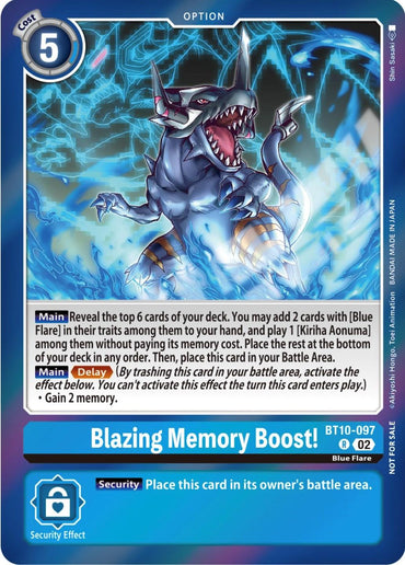 Introducing the Blazing Memory Boost! [BT10-097] (Event Pack 5) [Xros Encounter Promos] card from the Digimon series. This card showcases a fierce, roaring dragon-like Digimon with sharp teeth and claws, standing on two legs amidst fiery blue flames of Blue Flare. It has a cost of 5 and features both main and security effects, with stunning artwork by As'Maria.