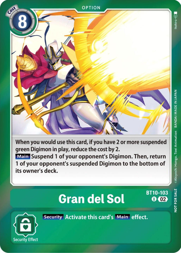 The image displays a Digimon trading card titled "Gran del Sol [BT10-103] (Event Pack 5) [Xros Encounter Promos]" with a cost of 8. It features a powerful warrior Digimon in shiny armor, wielding a large, glowing weapon and unleashing a vibrant, yellow energy attack. Text instructions on how to use the card and its effects are provided below the illustration.