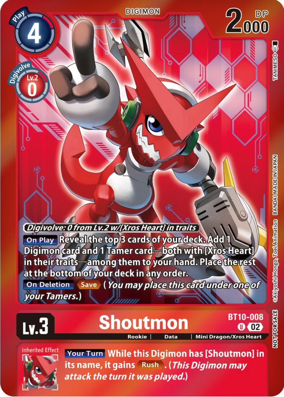 This Digimon card, named Shoutmon [BT10-008] from the Event Pack 5 under the Xros Encounter Promos series, showcases a red dragon/robot-like figure brandishing a large microphone. It is part of the Xros Heart series and features a Digivolve cost of 4, 2000 DP, along with various in-game effects and abilities. The red border signifies its Rookie type and Level 3 status.