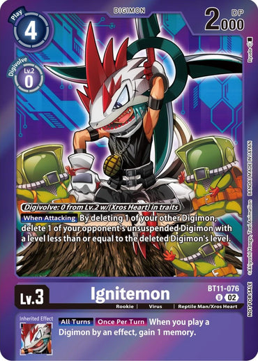 Presenting the Ignitemon [BT11-076] (Event Pack 5) from the Dimensional Phase Promos by Digimon—a standout trading card from the Xros Heart series. This card showcases a lizard-like Digimon adorned with sharp claws, red and white armor, a blue scarf, and equipped with two cannons. Key promo card details include a Play cost of 4, 2000 DP, and special abilities like the deletion of an opponent's Digimon.