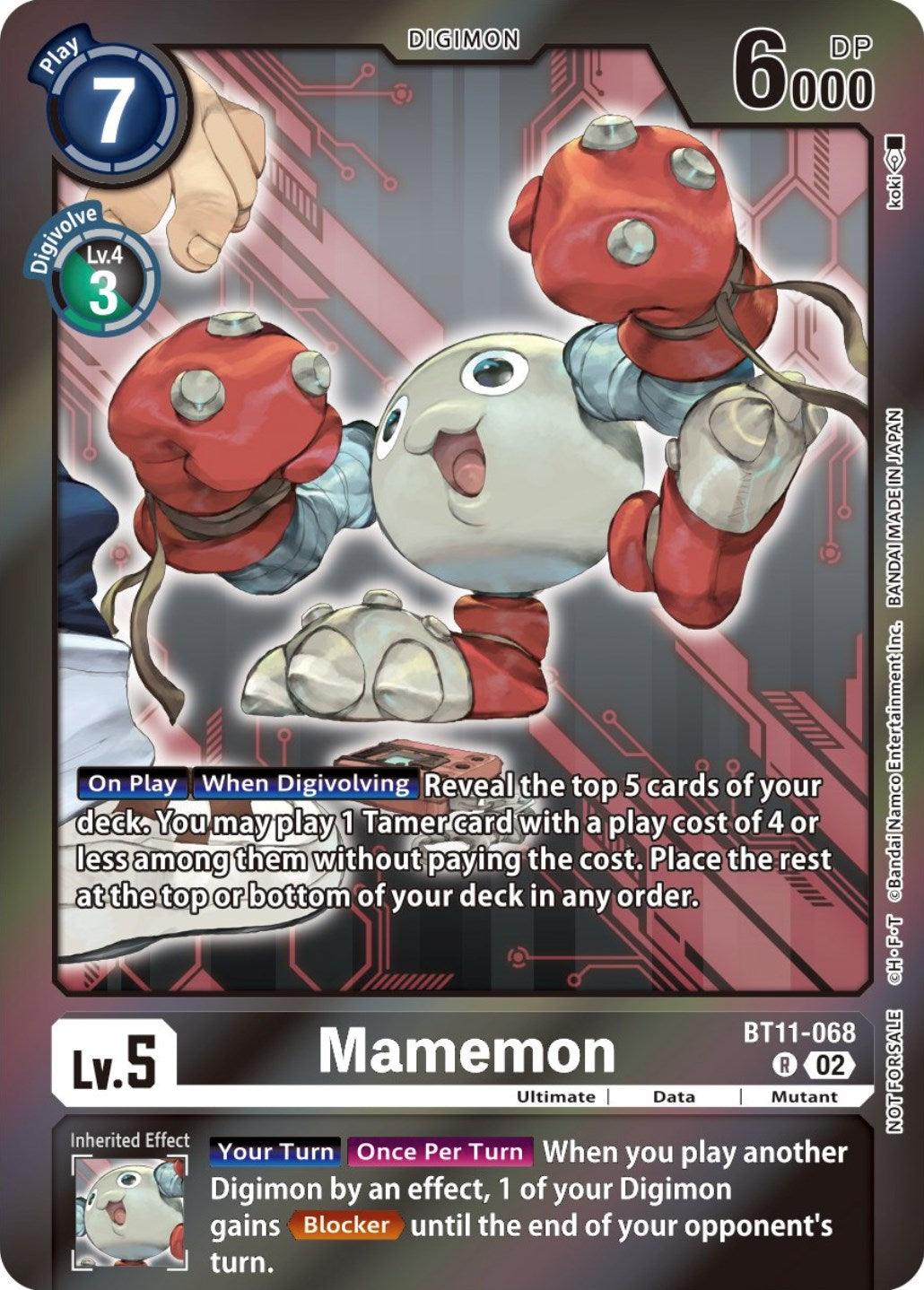 Introducing the Mamemon [BT11-068] card from the Event Pack 5 series, part of the Digimon Dimensional Phase Promos. This promo card showcases a robotic Digimon with large green eyes, red gloves, and spherical limbs. It has 6000 DP and a play cost of 7, and includes various gameplay effects such as revealing the top five cards of your deck to use one Tamer card among them.