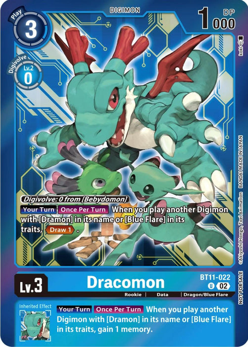 A Dracomon [BT11-022] (Event Pack 5) [Dimensional Phase Promos] Digimon card featuring "Dracomon." The card shows a green, dragon-like creature with wings, horns, and blue accents. The top displays a blue hexagonal background and stats, including a play cost of 3, a DP of 1000, and level "Lv.3." An effect description is at the bottom.