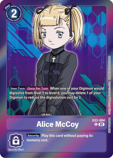 The image displays an Alice McCoy [EX2-064] trading card from the Digimon Digital Hazard Promos series (Event Pack 5). The card features Alice, a Tamer, with blonde hair in pigtails and dressed in a black gothic outfit. It has a play cost of 2 and includes effects that reduce digivolution costs along with a security effect.