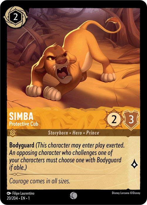A Disney Lorcana trading card from The First Chapter featuring Simba - Protective Cub (20/204) [The First Chapter]. The card shows Simba crouching and growling in the jungle, with stats of 2-cost, 2 attack, and 3 defense. It includes the "Bodyguard" ability and the text "Courage comes in all sizes." Card details: Filipa Lourenço, 20/204.