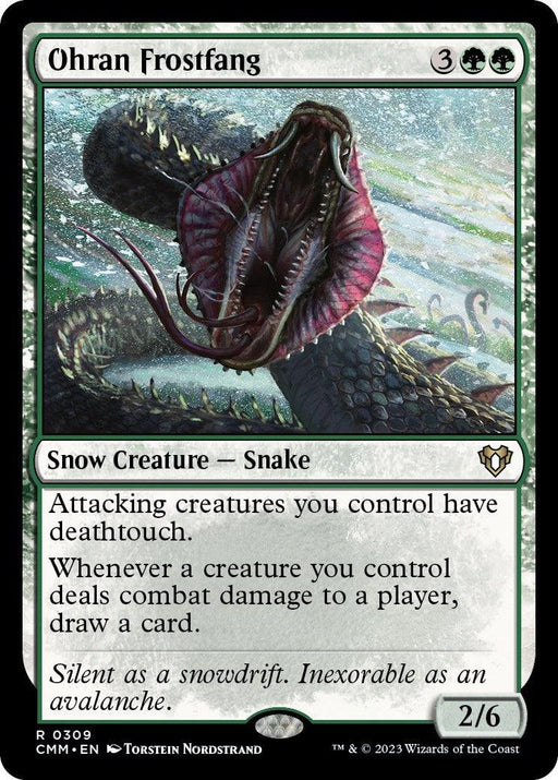 A Magic: The Gathering card for "Ohran Frostfang [Commander Masters]." This Rare Snow Creature costs 3 green mana and 2 generic mana, featuring a 2/6 power/toughness. Its effects grant attacking creatures deathtouch and allow drawing a card when dealing combat damage to a player. The art depicts a snarling snake in a snowy landscape—perfect for Commander Masters.