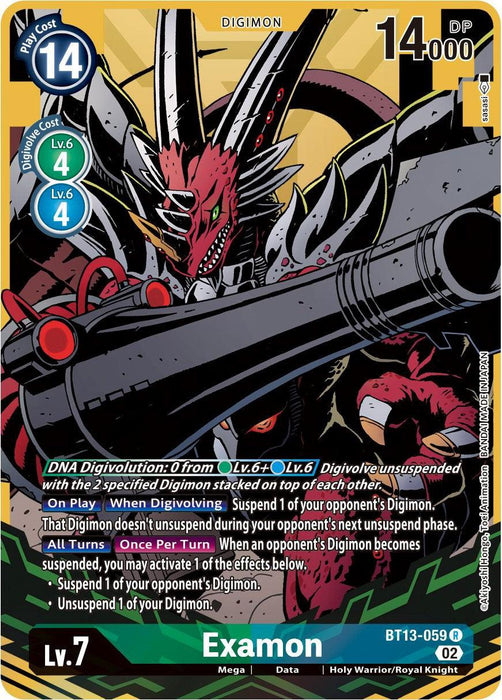 A Digimon trading card featuring Examon [BT13-059] (Alternate Art) [Versus Royal Knights Booster], a dragon-like Royal Knight adorned in red and black armor with sharp claws, brandishing a massive cannon. The card specifies its attributes: level 7, 14000 DP, DNA Digivolution requirements, and various special abilities. It belongs to the BT13 series.