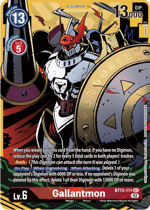 A Digimon trading card featuring **Gallantmon [BT13-111] (Alternate Art) [Versus Royal Knights Booster]**. The card shows a powerful armored warrior with a lance and shield. It has a play cost of 13, digivolve cost of 5, and 13,000 DP. This Secret Rare includes abilities like "Rush” and “When Attacking.” The card set identifier is BT13-111 SEC 02.