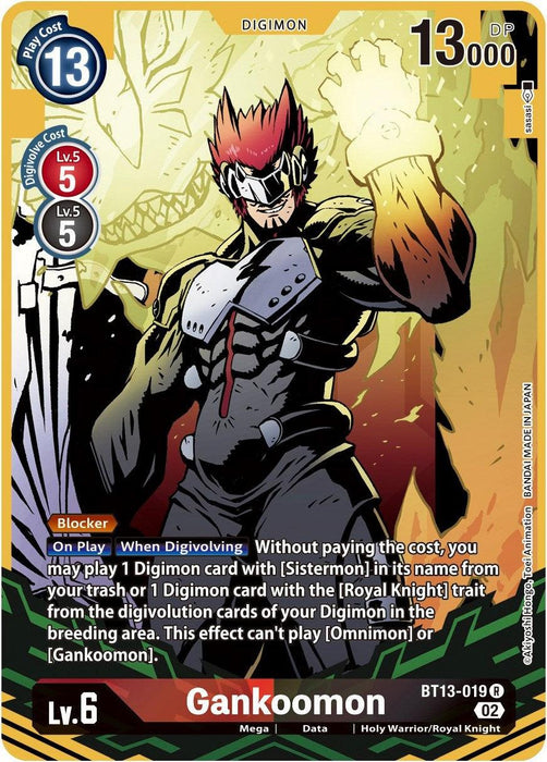 Image of a Gankoomon [BT13-019] (Alternate Art) [Versus Royal Knights Booster] Digimon trading card. The card shows Gankoomon, a muscular humanoid Digimon with black and silver armor, red spiky hair, and a white cloth over one shoulder. Its stats include: Play Cost 13, DP 13000, Level 6, and BT13-019 R (Rare).