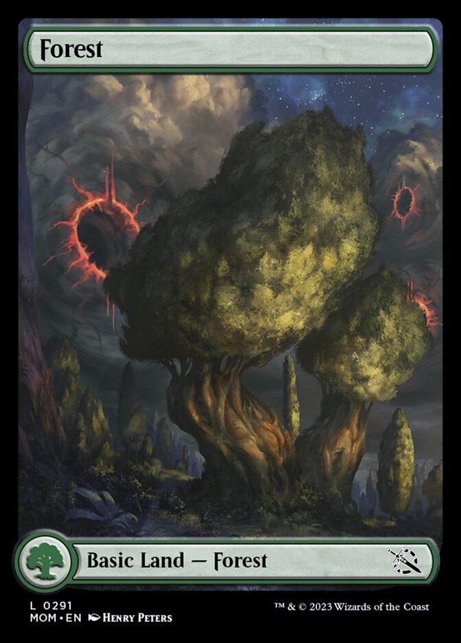 Magic: The Gathering card featuring a Forest (291) [March of the Machine]. It depicts tall, gnarled trees under a dark, dramatic sky with swirling clouds and red, glowing rifts. The card's green borders indicate it is a basic land card. Artist credits and trademarks are at the bottom.