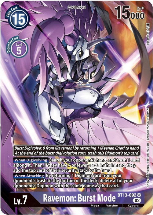 A Digimon card featuring Ravemon: Burst Mode [BT13-092] (Alternate Art) [Versus Royal Knights Booster]. This Super Rare card displays a powerful, armored Digimon with purple and silver wings and sharp claws. The card details include a play cost of 15, a Digivolve cost of 5, and 15,000 DP. The background shows an intense, energy-filled scene with dynamic effects.