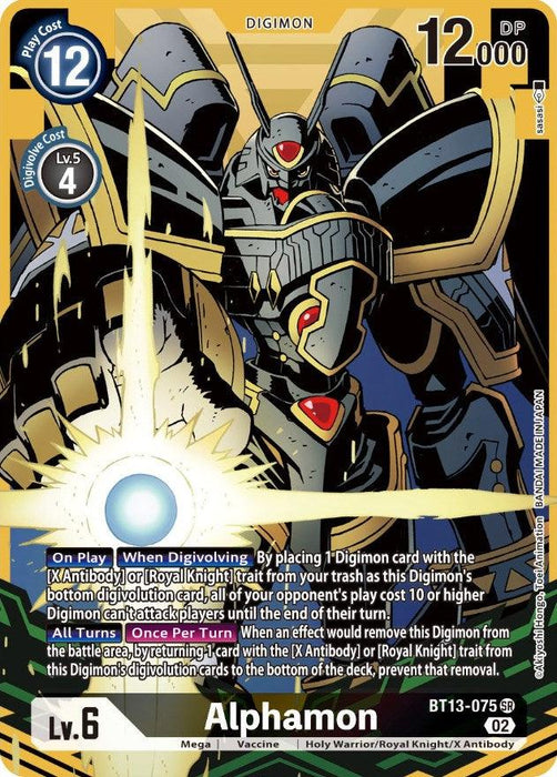 A Digimon trading card featuring Alphamon [BT13-075] (Alternate Art) [Versus Royal Knights Booster], a level 6 Mega Digimon with 12000 DP. As a revered Royal Knight, Alphamon is depicted in black and gold armor with red accents, holding a large sword. The holographic card includes play cost (12), digivolving cost (4), abilities, effects, and card number BT13-075.