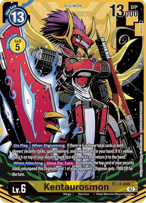 A Super Rare trading card of Kentaurosmon [BT13-046] (Alternate Art) [Versus Royal Knights Booster], a Digimon character. The image features the card's details like play cost (13), Digivolution cost (5), and level (6). Kentaurosmon, depicted in red and white armored form with a large shield and lance, stands against a yellow background. The card has 13000 DP and special abilities described in the text.