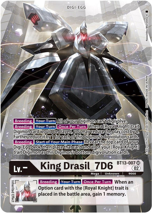 A playing card of "King Drasil_7D6 [BT13-007] (Alternate Art) [Versus Royal Knights Booster]" from the Digimon series. The central image features a Royal Knight Digimon with sharp, angular armor, metallic wings, and glowing joints. The background is a gradient of dark to light. The card's text includes game rules and abilities.