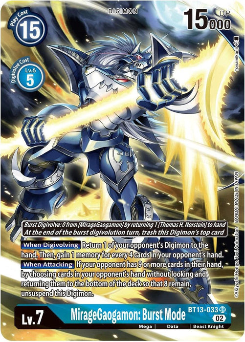 A Digimon trading card featuring MirageGaogamon: Burst Mode [BT13-033] (Alternate Art) [Versus Royal Knights Booster]. The Digimon is armored in shining blue and silver with golden accents, and wields a glowing orange weapon. The Super Rare card displays stats, including a cost of 15, DP of 15000, and is marked BT13-033 SR with detailed gameplay instructions.