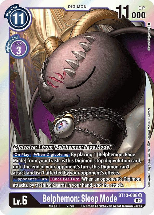 A rare Digimon card featuring Belphemon: Sleep Mode [BT13-088] [Versus Royal Knights Booster]. The card shows a purple and black demon-like creature with large wings, red eyes, and a chained clock around its neck. As part of the Versus Royal Knight Booster set, it details various statistics and abilities, including its DP, level, and special effects.