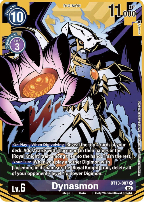 A Digimon card displaying Dynasmon [BT13-087] (Alternate Art) [Versus Royal Knights Booster], a fierce armored creature with large wings and sharp claws. The card has a black and gold border, highlighting its status as a Royal Knight. It provides details about Dynasmon's abilities, stats (10 Play Cost, 11,000 DP), and Digivolution requirements. The card number is BT13-087.
