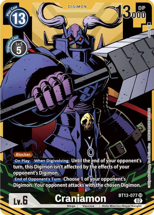 A trading card image of Craniamon [BT13-077] (Alternate Art) [Versus Royal Knights Booster], a Super Rare, Level 6 Digimon with 13,000 DP. The card has a blue Digivolution Cost of 5 and a Play Cost of 13. Craniamon is depicted in dark armor, wielding a large weapon. The card features abilities like Blocker and an effect that allows choosing an opponent's Digimon to attack. This product is part of the Digimon brand.