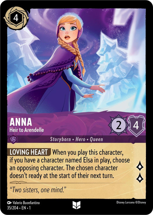 A Disney Lorcana **Anna - Heir to Arendelle (35/204) [The First Chapter]** trading card from the first chapter featuring Anna, Heir to Arendelle, with uncommon rarity. She stands confidently in a purple cloak billowing against a light blue background. Text at the bottom: "When you play this character, if you have a character named Elsa in play, choose an opposing character. The chosen character doesn’t ready at the start of their next turn.
