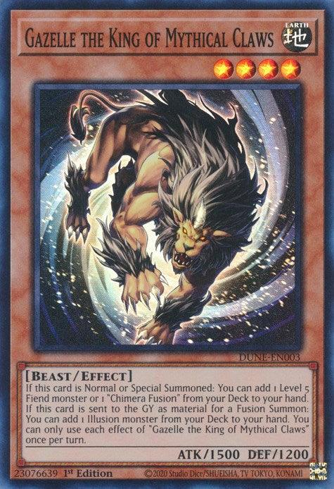 A Yu-Gi-Oh! trading card titled "Gazelle the King of Mythical Claws [DUNE-EN003] Super Rare" from the Duelist Nexus. The illustration features a beast with sharp claws and a mane, mid-leap against a dark background. This Effect Monster has 1500 ATK and 1200 DEF, with an ability for summoning fiend monsters or using it as fusion material.