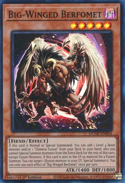 A "Yu-Gi-Oh!" trading card titled "Big-Winged Berfomet [DUNE-EN004] Super Rare". This Effect Monster features an anthropomorphic fiend with purple and black wings, one angelic and one demonic, standing menacingly. With 1400 attack points and 1800 defense points, this card is a powerful addition to any Duelist Nexus.