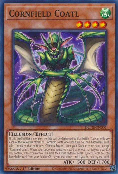 A Yu-Gi-Oh! trading card titled "Cornfield Coatl [DUNE-EN005] Common" from the Duelist Nexus set, featuring an illustration of a green, serpentine dragon with wings and multiple eyes. This "ILLUSION/EFFECT" type card has a green background and text detailing its abilities and stats: 500 ATK and 1700 DEF.