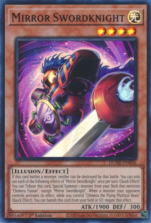 A Yu-Gi-Oh! trading card titled "Mirror Swordknight [DUNE-EN006] Super Rare." This Super Rare card features an armored warrior wielding a glowing sword and shield. Its attributes are Light (symbolized by a yellow circle with rays), with 1900 ATK and 300 DEF. The card has detailed effects and special abilities text.