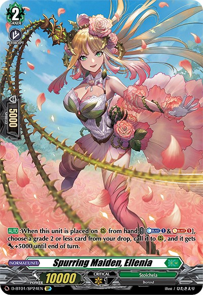 The image features the card "Spurring Maiden, Ellenia (D-BT01/SP24EN) [Genesis of the Five Greats]" from Bushiroad's Cardfight!! Vanguard trading card game. Ellenia is depicted as an elegant female character with long blonde hair, adorned with flowers and leaves, holding a staff. The card details and stats are displayed at the bottom.