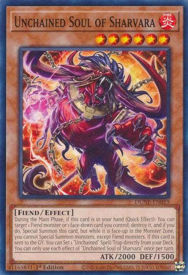 An Unchained Soul of Sharvara [DUNE-EN019] Common Yu-Gi-Oh! card features a menacing fiend Effect Monster with a purple and red color scheme. The creature's long claws are surrounded by chains, and its ATK is 2000 while DEF stands at 1500. Summoning and special effects are detailed on the card.