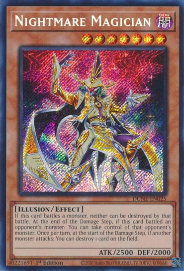 An image of a "Yu-Gi-Oh!" trading card titled Nightmare Magician [DUNE-EN025] Secret Rare. It features a highly stylized figure in intricate, colorful armor, wielding a staff. The card has specific stats: 2500 ATK and 2000 DEF. The background displays a vivid, holographic pattern. Text details the Duelist Nexus-themed effects.