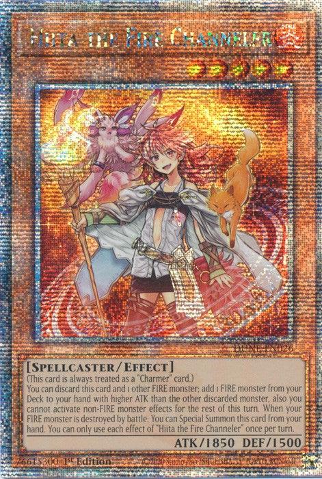 A Hiita the Fire Channeler [DUNE-EN026] Quarter Century Secret Rare holographic trading card from Yu-Gi-Oh! featuring "Hiita the Fire Channeler," a character with fiery red-orange hair dressed in a white outfit with red and gold accents. She holds a flaming staff and is accompanied by a small, fiery creature. The card includes stats: ATK 1850, DEF 1500, and a detailed effect description from the Duelist Nexus.