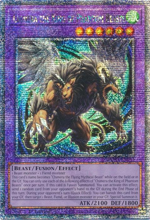 The Yu-Gi-Oh! card titled "Chimera the King of Phantom Beasts [DUNE-EN033] Quarter Century Secret Rare" features a purple starry background. This Fusion/Effect Monster depicts a mythical creature with a lion's body, dragon's wings, and goat heads. The card attributes are "Beast" with ATK 2100 and DEF 1800. Part of the Duelist Nexus series.