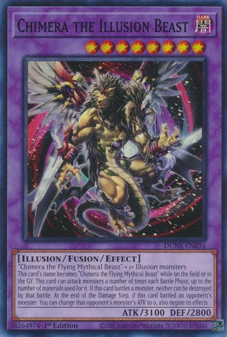 A Yu-Gi-Oh! trading card titled "Chimera the Illusion Beast [DUNE-EN034] Super Rare" from the Duelist Nexus collection features a dark attribute, Fusion/Effect Monster with a purple border. The card art showcases a menacing, multi-headed creature combining lion, goat, and dragon features with dark wings. It has 3100 ATK and 2800 DEF.