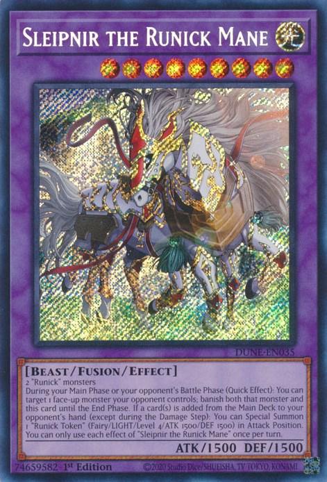 A shiny Yu-Gi-Oh! trading card titled "Sleipnir the Runick Mane [DUNE-EN035] Secret Rare." The card shows a majestic armored eight-legged horse with a flowing mane, glowing eyes, and magical energy swirling around it. This Fusion/Effect Monster has 1500 ATK and 1500 DEF, and the purple border reveals its rarity as a Duelist Nexus gem.