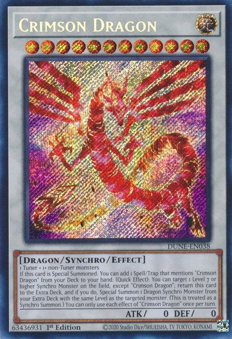 A Yu-Gi-Oh! trading card titled Crimson Dragon [DUNE-EN038] Secret Rare, a Synchro Monster, depicts a vibrant red dragon with intricate details and glowing wings against a multicolored holographic background. This Secret Rare card features various stats, descriptions, and effects in a blue-bordered box at the bottom. The card number is DUNE-EN038.