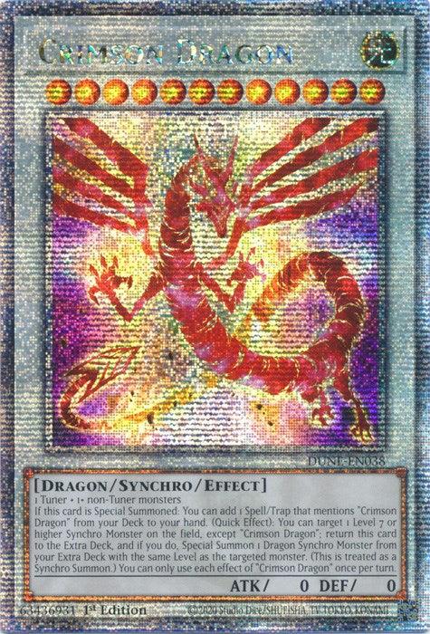 A holographic Yu-Gi-Oh! trading card featuring "Crimson Dragon [DUNE-EN038] Quarter Century Secret Rare." The card showcases a red dragon with spread wings against a shimmering backdrop with multicolored foil effects. This Synchro Monster is a Quarter Century Secret Rare, detailing its type: Dragon/Synchro/Effect with ATK 0 and DEF 0.