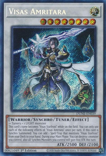 A Yu-Gi-Oh! trading card featuring "Visas Amritara [DUNE-EN039] Secret Rare." It’s a 1st Edition card with a holographic background. The warrior in silver armor with purple accents, wielding a sword, stands against a glowing, cosmic backdrop. The card’s attack is 2500 and defense is 2100.