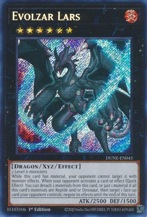 A Yu-Gi-Oh! trading card titled "Evolzar Lars [DUNE-EN043] Secret Rare" from the Duelist Nexus series. It features a dark, armored dragon with blue and purple accents set against a holographic background. This Xyz/Effect Monster has 6 yellow stars, boasting 2500 ATK and 1500 DEF. The card text describes its special abilities.